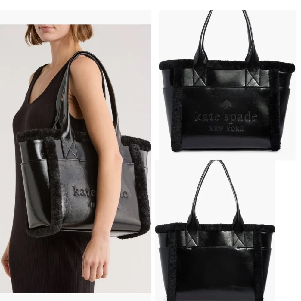 NWT Kate Spade Black Shearling-Trimmed Tote and NWT matching  Kate Spade wallet